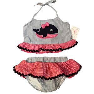 NWT Swimsuit Whale 2 pc SZ 5 whale bikini set  BLUE RED Coastal Beach polkadot